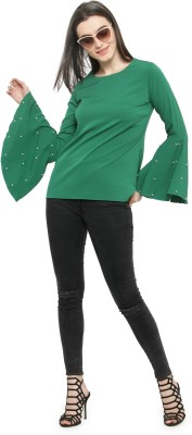 PLUSS Casual Full Sleeve Solid Women Green Top