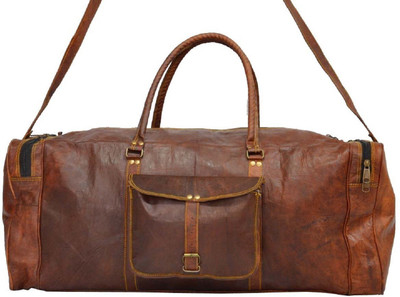 

mangalmurti Real Goat Leather Small Handmade Travel Large Luggage Bag in Square Shape Size 26". Travel Duffel Bag(Brown)