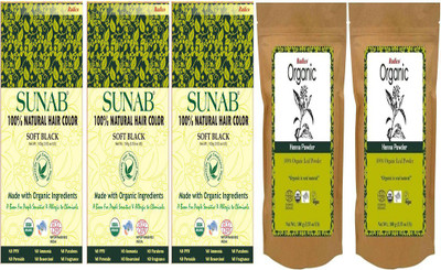 

Radico Sunab Organic 100 % Natural Soft Black ( 3 Pcs ) With 100% Organic Henna ( 2 Pcs ) - Combo Pack Hair Color(Black)