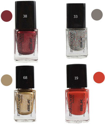 

Makeover Professional Nail Paint Combo (Sparking-Wine-Red-38 , Sparking-Silver-33 , Sparking-Golden-68 , Spicy-Magneta-19) Multi(Pack of 4)