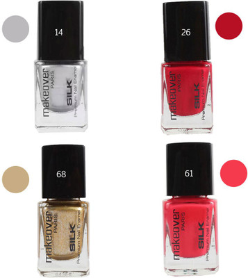 

Makeover Professional Nail Paint Combo (Hot-Silk-Silver-14 , Cherry-Red-26 , Sparking-Golden-68 , Pouch-Pink-61) Multi(Pack of 4)