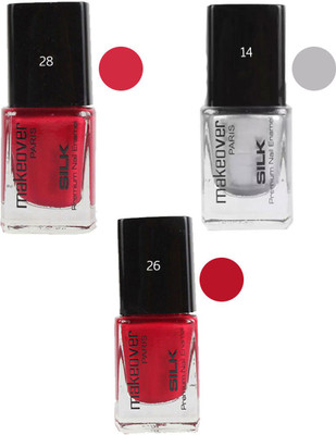 

Makeover Professional Nail Paint Combo (Rosewood-Pink-28 , Hot-Silk-Silver-14 , Cherry-Red-26) Multi(Pack of 3)