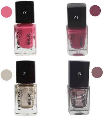 

Makeover Professional Nail Paint Combo (Glaze-Pink-22 , Glistning-Magenta-01 , Hot-Silk-Golden-21 , Dior-Chocolate-13) Multi(Pack of 4)