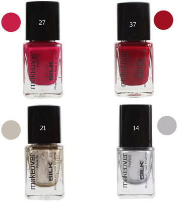 

Makeover Professional Nail Paint Combo (Love-Affair-27 , Magneta-Marvel-37 , Hot-Silk-Golden-21 , Hot-Silk-Silver-14) Multi(Pack of 4)