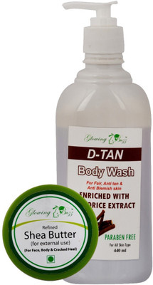 

Glowing Buzz Combo of D-Tan Body Wash (440ml) Enriched with Liquorice Extract for Fair, Anti tan & Anti Blemish Skin (440 ml) and Natural Eco Certified Shea Butter (50 grams)(Set of 2)