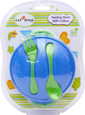 

1st Step Feeding Bowl With Cultery - Food Grade Plastic(Grren, Orange)