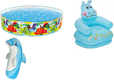 

DINAARKAN COMBO OF 4 FEET BATH TUB AND 2.5 FEET INFLATABLE HIPPO CHAIR AND 3 FEET INFLATABLE HIT ME DOLPHIN Inflatable Pool(Multicolor)