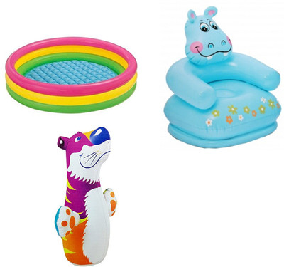 

DINAARKAN COMBO OF 3 FEET BATH TUB AND 2.5 FEET INFLATABLE HIPPO CHAIR AND 3 FEET INFLATABLE HIT ME TIGER Inflatable Pool(Multicolor)