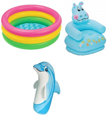 

DINAARKAN COMBO OF 2 FEET BATH TUB AND 2.5 FEET INFLATABLE HIPPO CHAIR AND 3 FEET INFLATABLE HIT ME DOLPHIN Inflatable Pool(Multicolor)