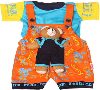 BUGSnDAFFY Dungaree For Boys & Girls Printed Cotton Blend(Orange, Pack of 1)