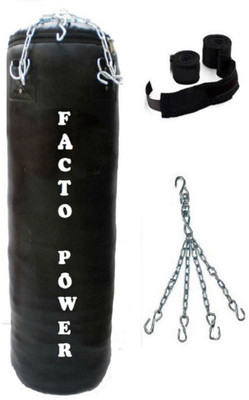 

FACTO POWER 8.0 Feet Long, PU Material, Black Color, Unfilled with Hanging Chain and 9 Freet Long Black Color Hand Wrap Pair Boxing Kit