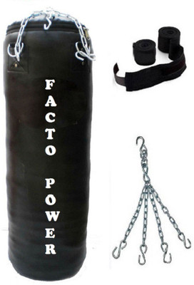

FACTO POWER 6.5 Feet Long, PU Material, Black Color, Unfilled with Hanging Chain and 9 Freet Long Black Color Hand Wrap Pair Boxing Kit