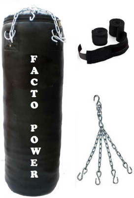 

FACTO POWER 5.5 Feet Long, PU Material, Black Color, Unfilled with Hanging Chain and 9 Freet Long Black Color Hand Wrap Pair Boxing Kit
