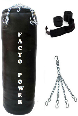 

FACTO POWER 2.5 Feet Long, PU Material, Black Color, Unfilled with Hanging Chain and 9 Freet Long Black Color Hand Wrap Pair Boxing Kit