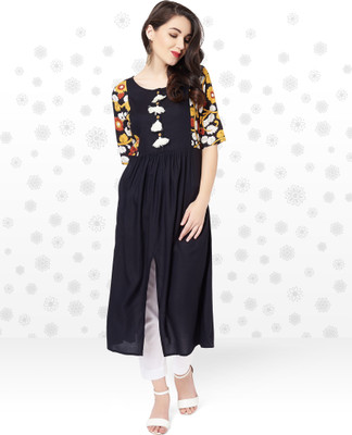 Anmi Floral Print Women A-line Kurta(Black)