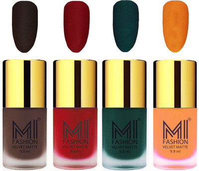 

MI Fashion Premium Quality Dull Velvet Matte Nail Polish Duo Pont Flat Brush Exclusive Combo Coffee,Tomato Red,Dark Green,Saffron Orange(Pack of 4)