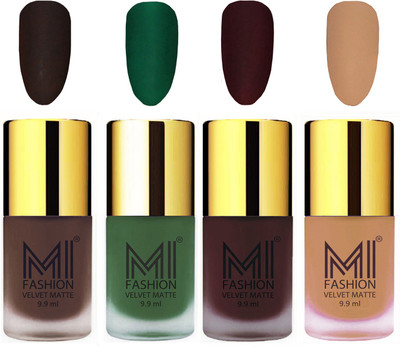 

MI Fashion Premium Quality Dull Velvet Matte Nail Polish Duo Pont Flat Brush Exclusive Combo Coffee,Green,Wine,Nude(Pack of 4)