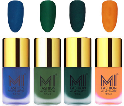 

MI Fashion Premium Quality Dull Velvet Matte Nail Polish Duo Pont Flat Brush Exclusive Combo Navy Blue,Green,Dark Green,Saffron Orange(Pack of 4)