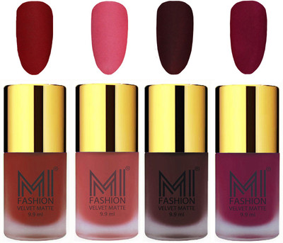 

MI Fashion Premium Quality Dull Velvet Matte Nail Polish Duo Pont Flat Brush Exclusive Combo Red,Light Peach,Wine,Magenta(Pack of 4)