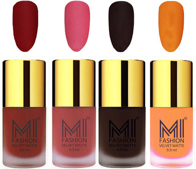 

MI Fashion Premium Quality Dull Velvet Matte Nail Polish Duo Pont Flat Brush Exclusive Combo Red,Light Peach,Dark Brown,Saffron Orange(Pack of 4)