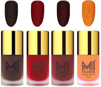 

MI Fashion Premium Quality Dull Velvet Matte Nail Polish Duo Pont Flat Brush Exclusive Combo Coffee,Tomato Red,Maroon,Saffron Orange(Pack of 4)