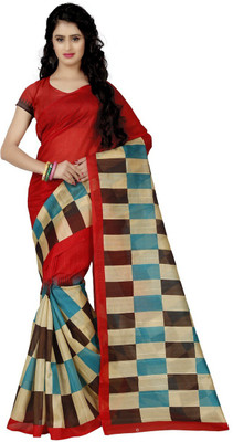 Trendz Style Checkered Bhagalpuri Polycotton Saree(Red)