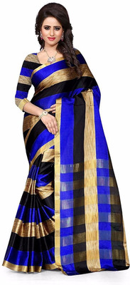 Bhuwal Fashion Striped, Embellished, Woven Fashion Cotton Silk Saree(Multicolor)