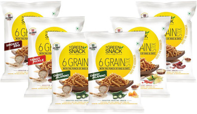 

The Green Snack Co. Six Grain Stix Combo Tangy Pickle, Cheesy Jalapeno, Smokey BBQ (Pack of 6)(150 g, Pack of 6)