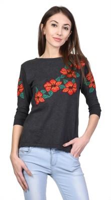 KALT Casual 3/4 Sleeve Floral Print Women Black Top