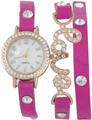 

SOOMS exclusive beautiful pink leather strap diamond studded love pendent valentine collection ladies & girls bracelet Watch - For Women