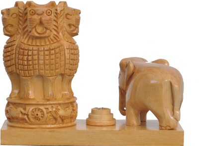 

sharma Enterprises 3 Compartments Wooden Office desk organizer wooden & Metal Pen Stand (Wooden Handcarved Ashoka Symbol images Carved Pen / Pencil Holder Cum Indian Flag and Elephant Showpiece)(Multicolor)