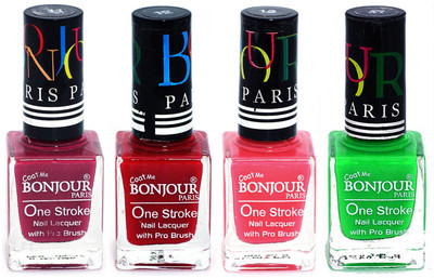 

Bonjour Paris Ultra-long-wear formula High Shine Nail Polish 195 Mauve, Red, Light Pink, Neon Green(Pack of 4)