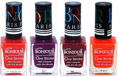 

Bonjour Paris Ultra-long-wear formula High Shine Nail Polish 26 Red, Plum, Dark Red, Neon Orange(Pack of 4)