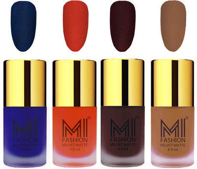 

MI Fashion Premium Quality Dull Velvet Matte Nail Polish Duo Pont Flat Brush Exclusive Combo Royal Blue,Orange,Wine,Dark Nude(Pack of 4)