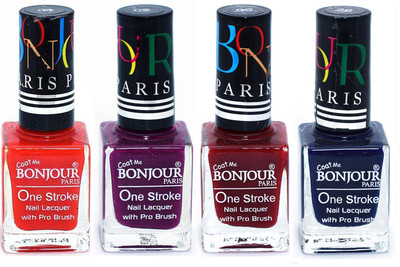 

Bonjour Paris Ultra-long-wear formula High Shine Nail Polish 16 Red, Plum, Dark Red, Blue(Pack of 4)