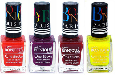 

Bonjour Paris Ultra-long-wear formula High Shine Nail Polish 28 Red, Plum, Dark Red, Yellow(Pack of 4)