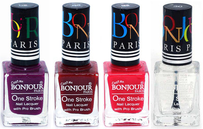 

Bonjour Paris Ultra-long-wear formula High Shine Nail Polish 38 Plum, Dark Red, Pink, Top coat(Pack of 4)