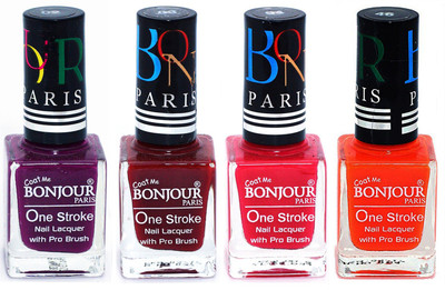 

Bonjour Paris Ultra-long-wear formula High Shine Nail Polish 53 Plum, Dark Red, Pink, Neon Orange(Pack of 4)