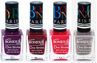 Bonjour Paris Ultra-long-wear formula High Shine Nail Polish 39 Plum, Dark Red, Pink, Light Gray(Pack of 4)