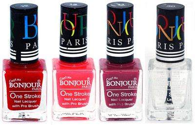 

Bonjour Paris Ultra-long-wear formula High Shine Nail Polish 136 Red, Pink, Mauve, Top coat(Pack of 4)
