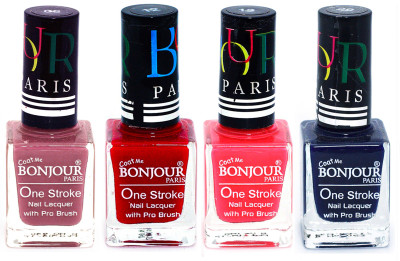 

Bonjour Paris Ultra-long-wear formula High Shine Nail Polish 118 Mauve, Red, Pink, Blue(Pack of 4)