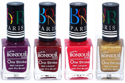 

Bonjour Paris Ultra-long-wear formula High Shine Nail Polish 50 Plum, Dark Red, Pink, Golden(Pack of 4)