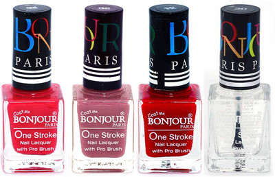

Bonjour Paris Ultra-long-wear formula High Shine Nail Polish 89 Pink, Mauve, Red, Top coat(Pack of 4)