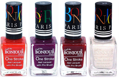 

Bonjour Paris Ultra-long-wear formula High Shine Nail Polish 10 Red, Plum, Dark Red, White(Pack of 4)