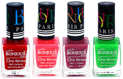 Bonjour Paris Ultra-long-wear formula High Shine Nail Polish 152 Red, Pink, Mauve, Neon Green(Pack of 4)