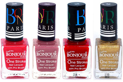

Bonjour Paris Ultra-long-wear formula High Shine Nail Polish 101 Pink, Mauve, Red, Golden(Pack of 4)