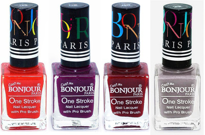 

Bonjour Paris Ultra-long-wear formula High Shine Nail Polish 12 Red, Plum, Dark Red, Light Gray(Pack of 4)