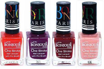 

Bonjour Paris Ultra-long-wear formula High Shine Nail Polish 14 Red, Plum, Dark Red, Nude(Pack of 4)