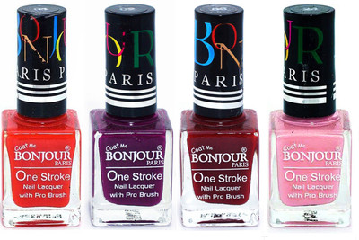 

Bonjour Paris Ultra-long-wear formula High Shine Nail Polish 17 Red, Plum, Dark Red, Babby Pink(Pack of 4)