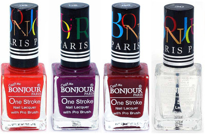 

Bonjour Paris Ultra-long-wear formula High Shine Nail Polish 11 Red, Plum, Dark Red, Top coat(Pack of 4)
